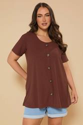 YOURS Plus Size Rust Orange Button Front Ribbed Swing Top | Yours Clothing 3