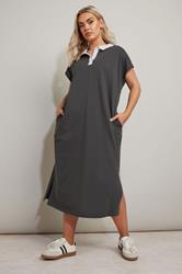 YOURS Plus Size Charcoal Grey Jersey Collar Grown-On Sleeve Dress | Yours Clothing 3