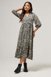 PixieGirl Petite Women's Grey Animal Print Collar Midi Dress | PixieGirl 3