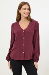 M&Co Berry Red Button Front Long Sleeve Blouse | M&Co 3