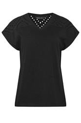 M&Co Black Broderie V-Neck Cotton T-Shirt