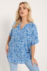 YOURS Plus Size Blue Crinkle Floral Notch Neck Top | Yours Clothing 3