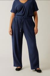 EVANS Plus Size Navy Blue Plisse Wide Leg Trousers | Evans 1