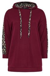 YOURS Curve Burgundy Red Leopard Print Trim Hoodie