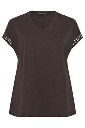 EVANS Curve Chocolate Brown Crochet Trim Cotton V Neck T-Shirt