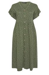 YOURS Curve Khaki Green Floral Frill Sleeve Dress
