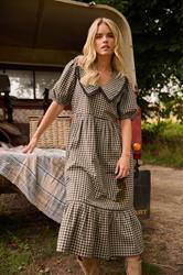 PixieGirl Petite Women's Brown Gingham Big Collar Cotton Maxi Dress | PixieGirl 3