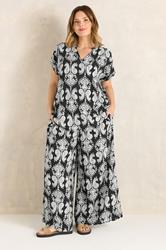 EVANS Plus Size Black Abstract Print Shirred Waist Trousers | Evans  1