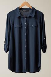EVANS Curve Navy Blue Tab Sleeve Blouse