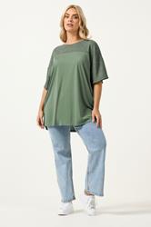 YOURS Plus Size Khaki Green Woven Panel Oversized T-Shirt | Yours Clothing 1