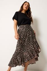 YOURS Plus Size Chocolate Brown Leopard Print Ruffle Skirt | Yours Clothing 1