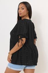 YOURS Plus Size Black Broderie Anglaise Bow Tie Front Peplum Top | Yours Clothing 4