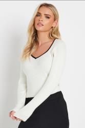 PixieGirl Petite Women's White Knitted Contrast Sweetheart Neck Top | PixieGirl 3