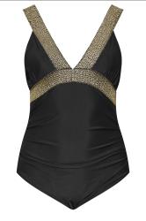 YOURS Curve Black Metallic Tummy Control Swimsuit