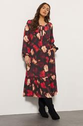 EVANS Plus Size Red Blurred Floral Tie Neck Tiered Dress | Evans 1