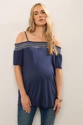 LTS Tall Maternity Navy Blue Embroidered Bardot Top | Long Tall Sally 3