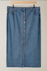 EVANS Curve Blue Button Through Denim Maxi Skirt