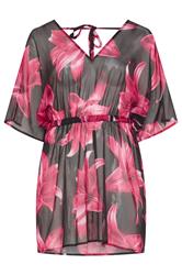 YOURS Curve Black & Pink Mesh Flower Print Beach Kaftan