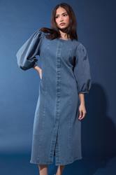 PixieGirl Petite Women's Mid Blue Puff Sleeve Cotton Midi Dress | PixieGirl 3