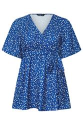 YOURS Curve Blue Ditsy Floral Print Wrap Top