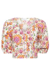 PixieGirl Petite Women's White Abstract Tile Cotton Puff Sleeve Top | PixieGirl 7
