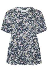 YOURS Curve Navy Blue Floral Pleat Front Top