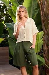 PixieGirl Petite Women's Khaki Green Linen Bermuda Shorts | PixieGirl 3
