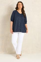 EVANS Curve Navy Blue Polka Dot Cotton Top | Evans 4