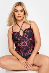 YOURS Plus Size Black & Pink Floral Halter Neck Swimsuit | Yours Clothing 1