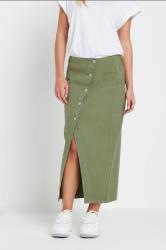 PixieGirl Petite Women's Khaki Green Denim Asymmetric Button Midi Skirt | PixieGirl 2