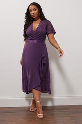 YOURS LONDON Plus Size Purple Lace Wrap Ruffle Midi Dress | Yours Clothing 1