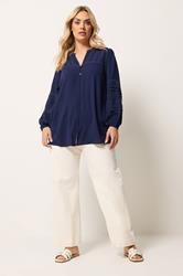 YOURS Curve Navy Blue Notch Neck Crochet Blouse | Yours Clothing  1