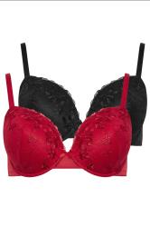 YOURSET Curve 2 PACK Red & Black Floral Embroidered Padded Bra