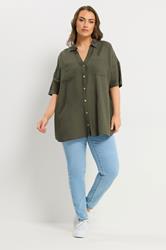 YOURS Plus Size Khaki Green Short Sleeve Linen Shirt | Yours Clothing 2