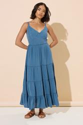 PixieGirl Petite Women's Blue Acid Wash Tie Back Tiered Dress | PixieGirl 3