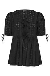 YOURS Curve Black Broderie Anglaise Bow Tie Front Peplum Top