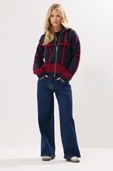 PixieGirl Petite Women's Blue & Red Knitted Check Zip Cardigan | PixieGirl 1