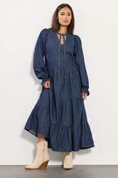 PixieGirl Petite Women's Dark Blue Tie Neck Tiered Cotton Dress | PixieGirl 3