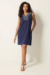 M&Co Navy Blue Embroidered Notch Neck Cotton Midi Dress | M&Co 1