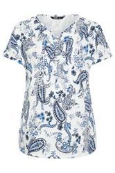 YOURS Curve Navy Blue Paisley Pintuck Short Sleeve Top