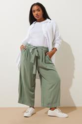 YOURS Plus Size Sage Green Chambray Tie Waist Cropped Trousers | Yours Clothing 1