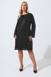 LIMITED COLLECTION Plus Size Black Velvet Bow Sequin Dress | Yours Clothing 2