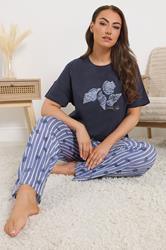 YOURS Plus Size Blue 'Coastal Calm' Stripe Pyjama Set | Yours Clothing 3