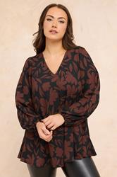 EVANS Plus Size Black & Brown Floral Pleat Front Blouse | Evans 3