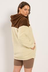 YOURS Plus Size Natural Brown Colourblock Teddy Fleece Hoodie | Yours Clothing  2
