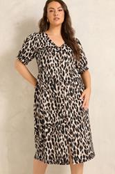 EVANS Plus Size Brown Button Through Animal Print Midi Dress | Evans 3