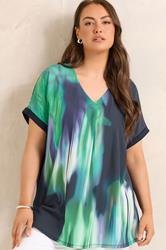 EVANS Plus Size Navy Blue & Teal Green Blurred Top 3