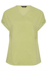 EVANS Curve Chartreuse Crochet Trim Cotton V Neck T-Shirt