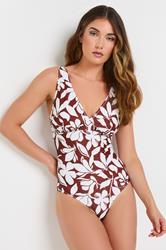 LTS Tall Rust Orange Floral Print Wrap Swimsuit | Long Tall Sally 1