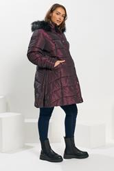 BUMP IT UP Maternity Plus Size Purple Panelled Puffer Midi Coat | Yours Clothing 1